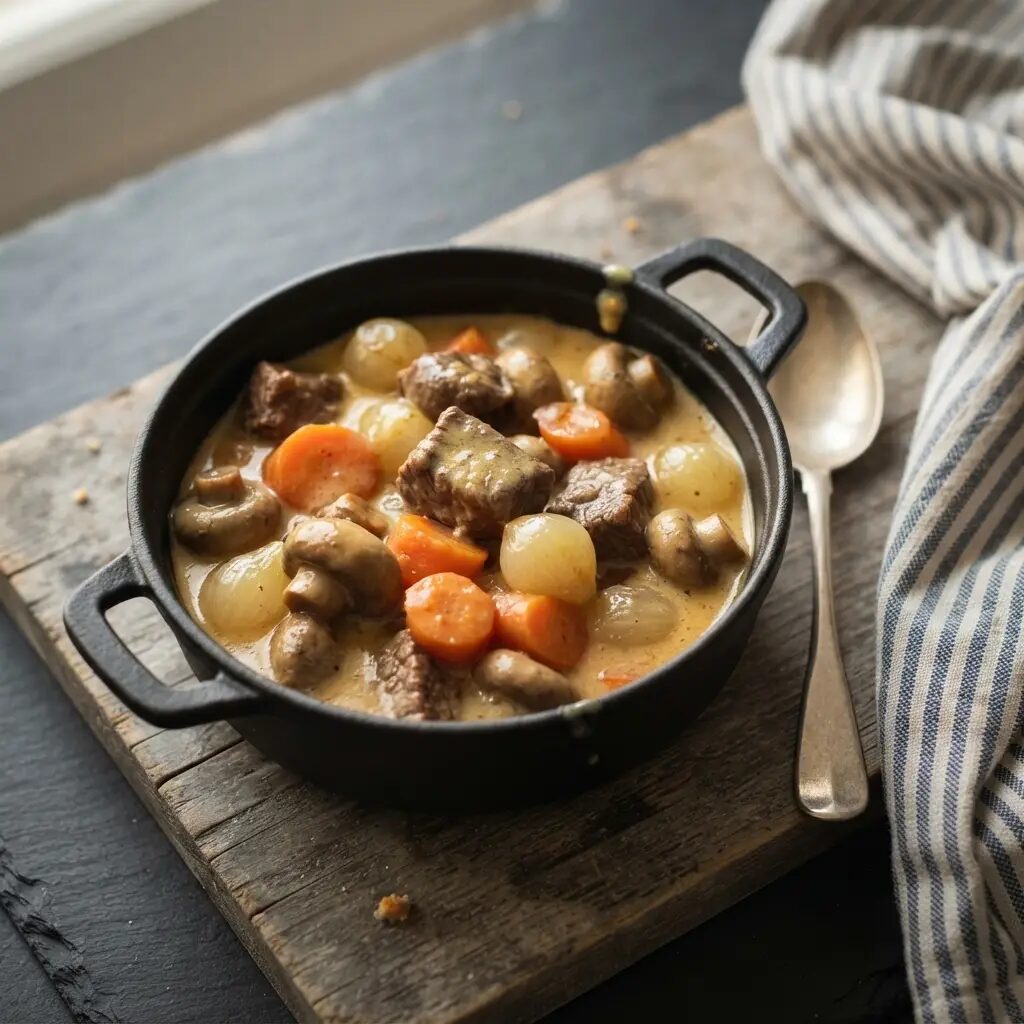 Bœuf bourguignon, dressé dans une assiette