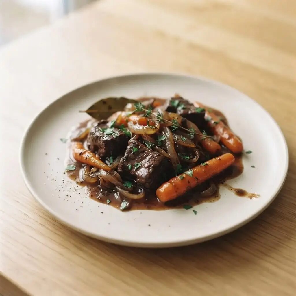 Bœuf carottes, dressé dans une assiette