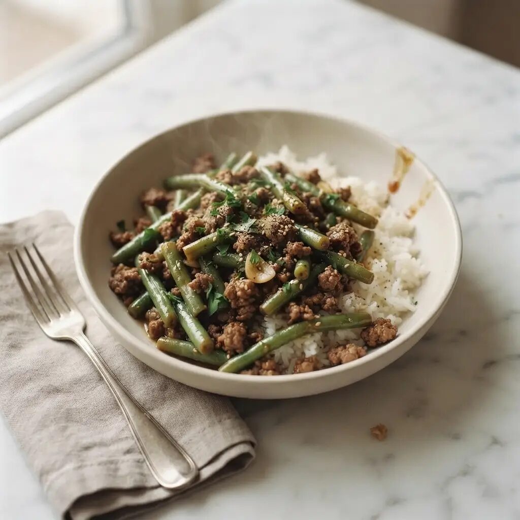 Bœuf aux haricots verts, dressé dans une assiette