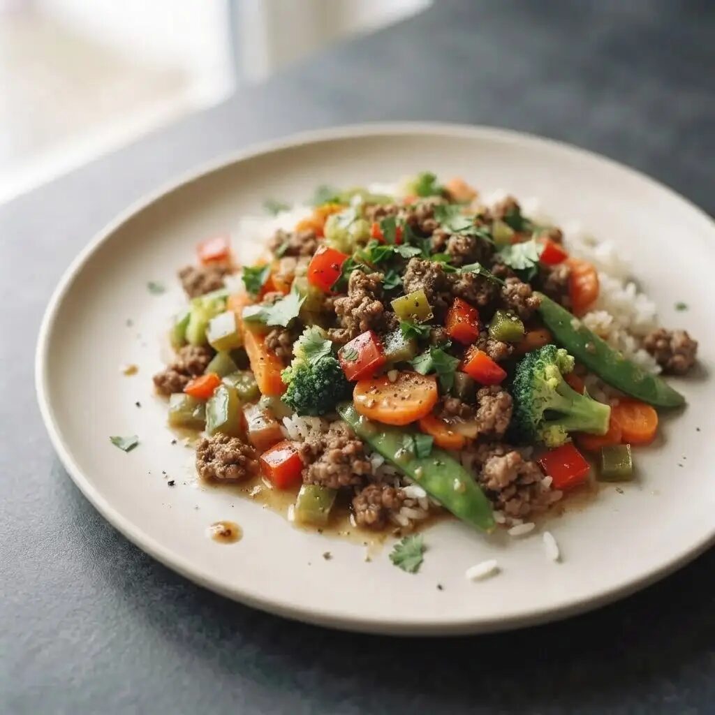 Bœuf sauté aux légumes, dressé dans une assiette
