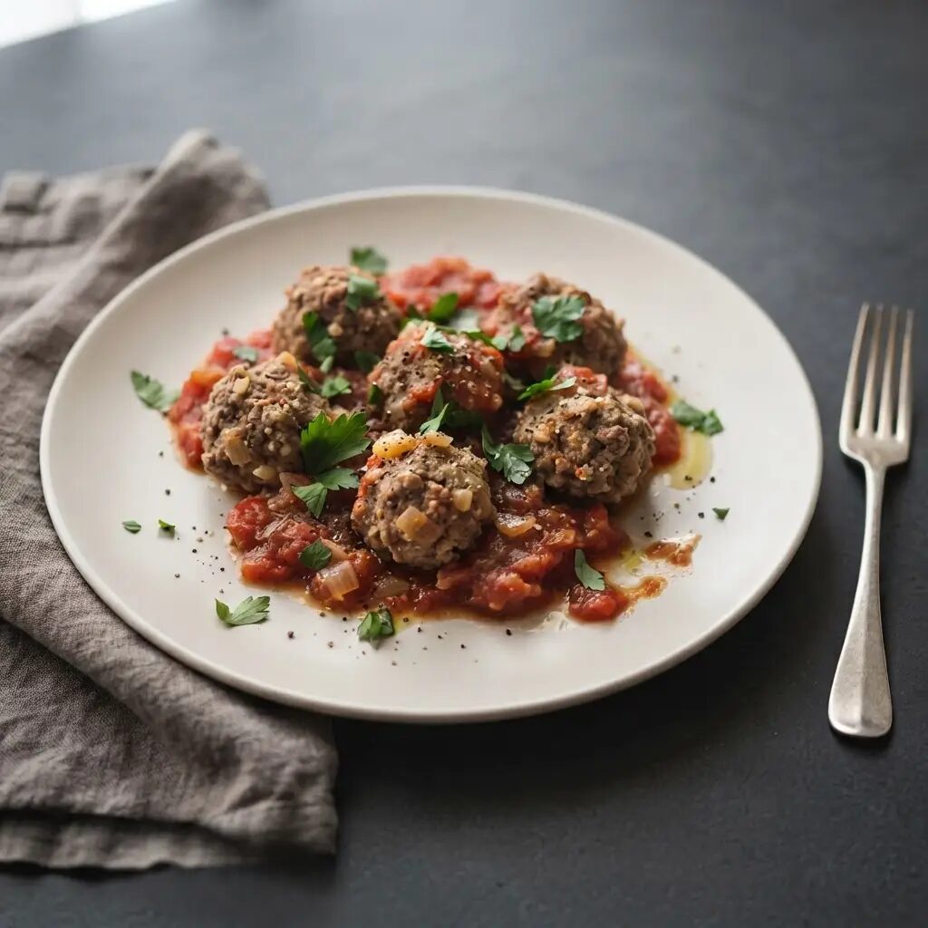Boulettes à la tomate, dressé dans une assiette