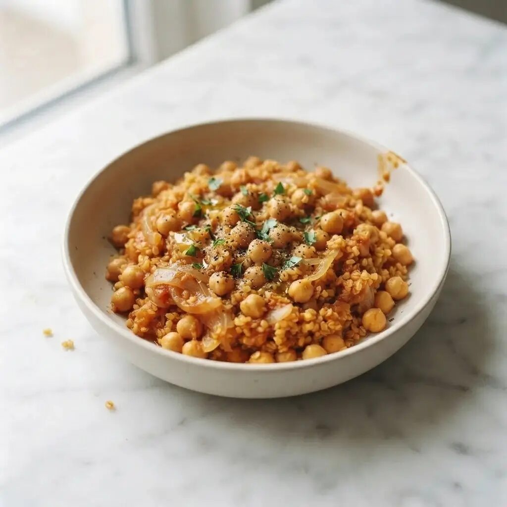Boulgour aux pois chiches, dressé dans une assiette