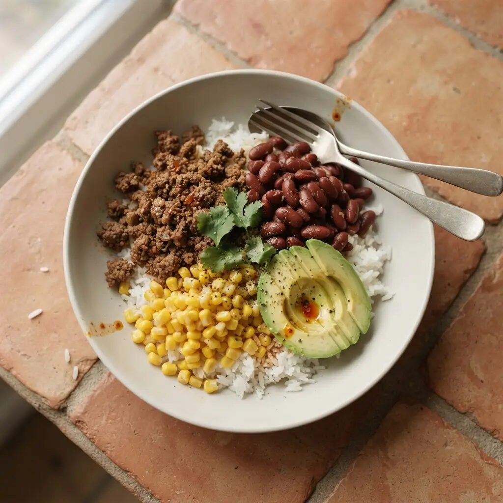 Bowl tex-mex, dressé dans une assiette