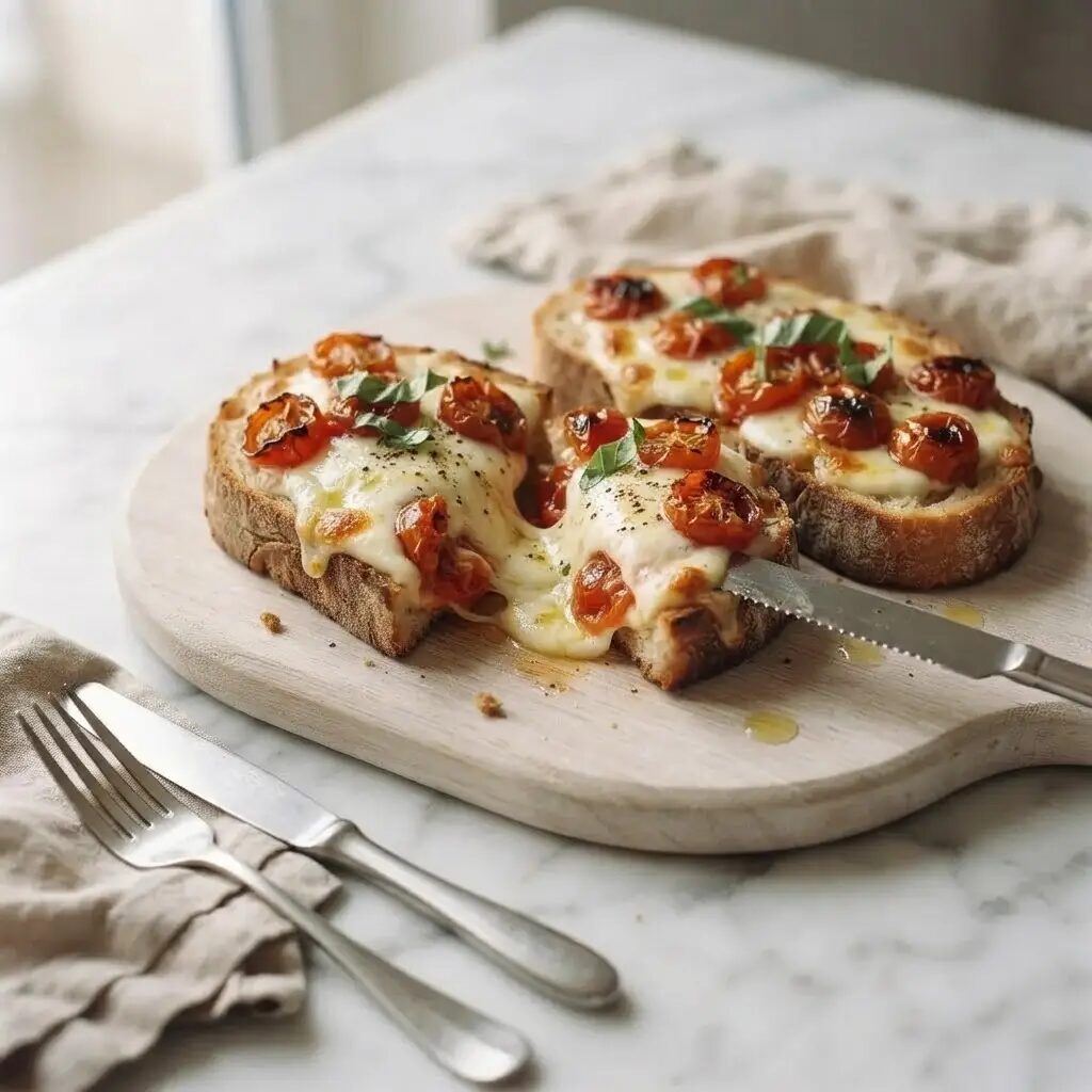 Bruschettas tomate mozzarella, dressé dans une assiette