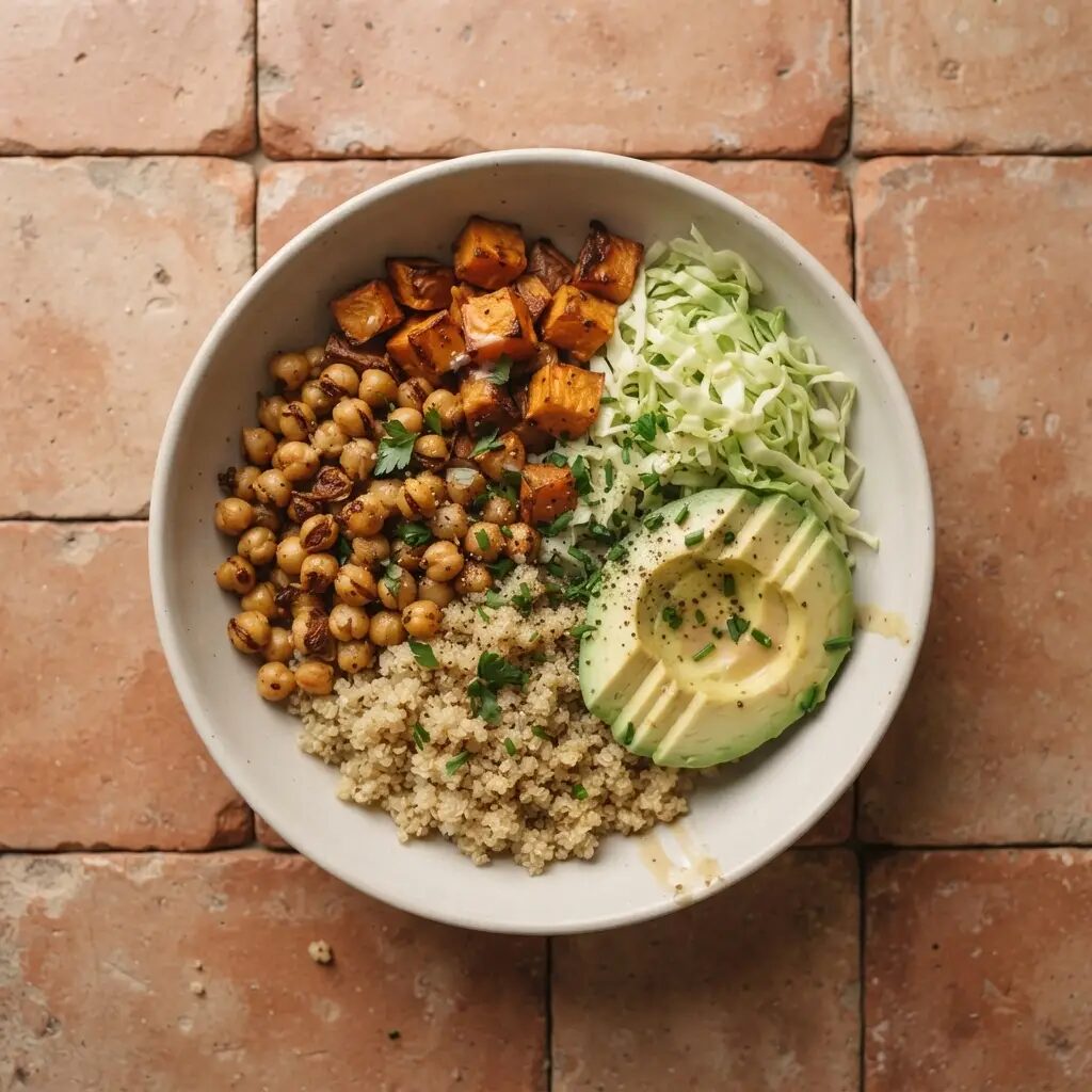 Buddha bowl au quinoa, dressé dans une assiette