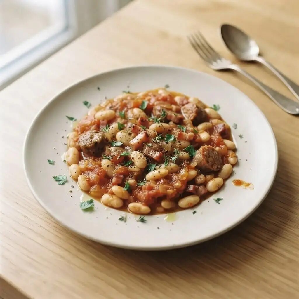 Cassoulet express, dressé dans une assiette