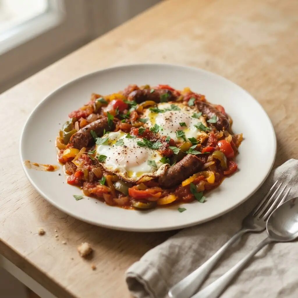 Chakchouka aux merguez, dressé dans une assiette