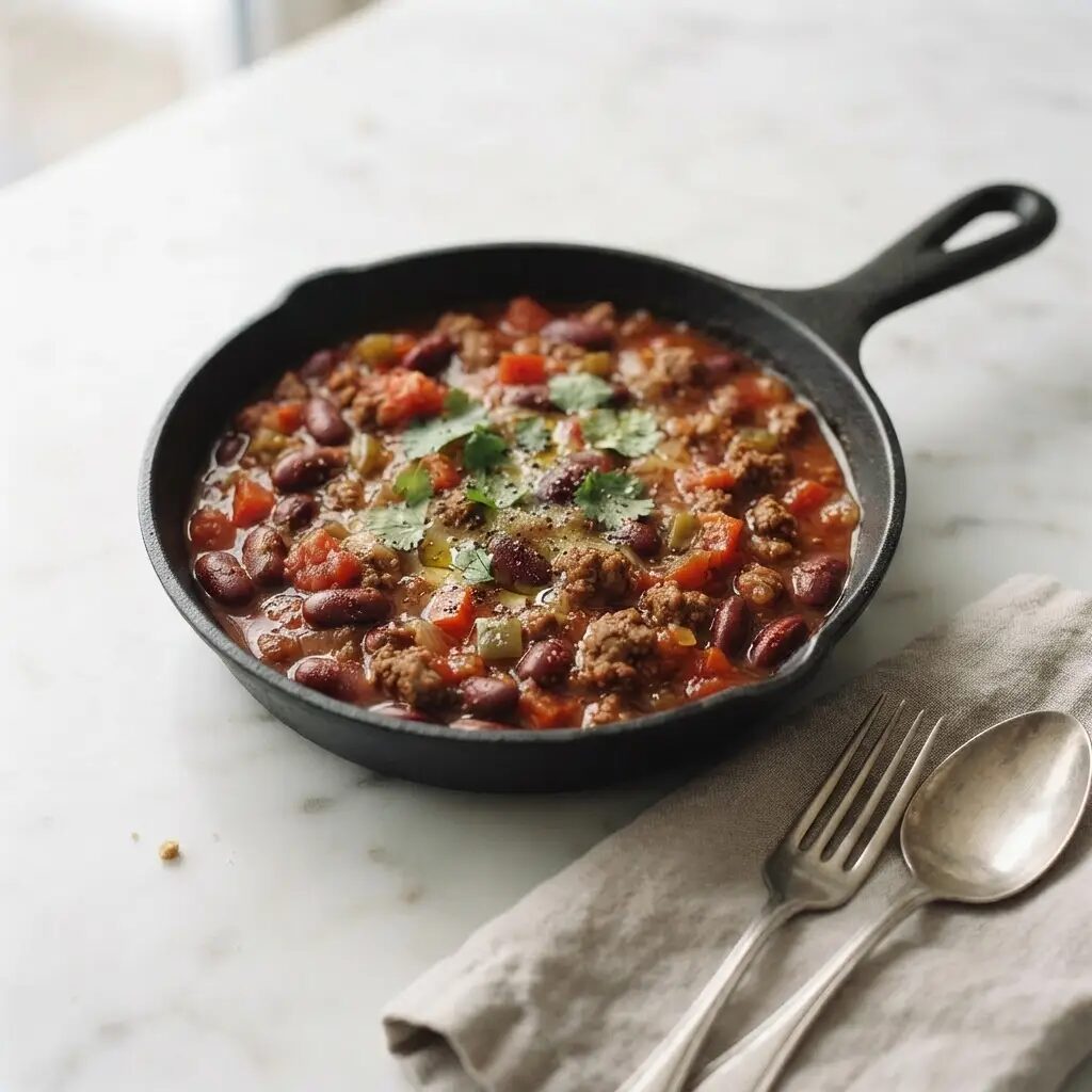 Chili con carne, dressé dans une assiette