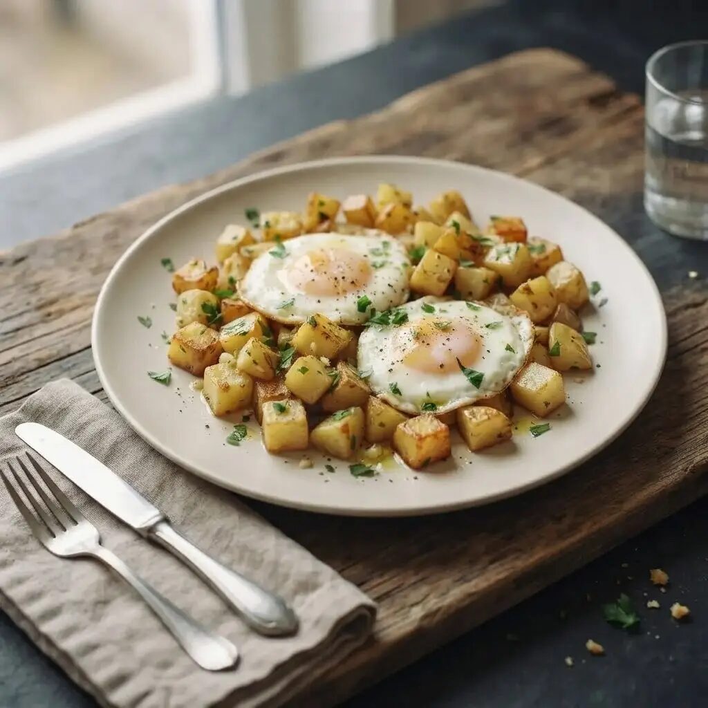 Œufs au plat et pommes sautées, dressé dans une assiette
