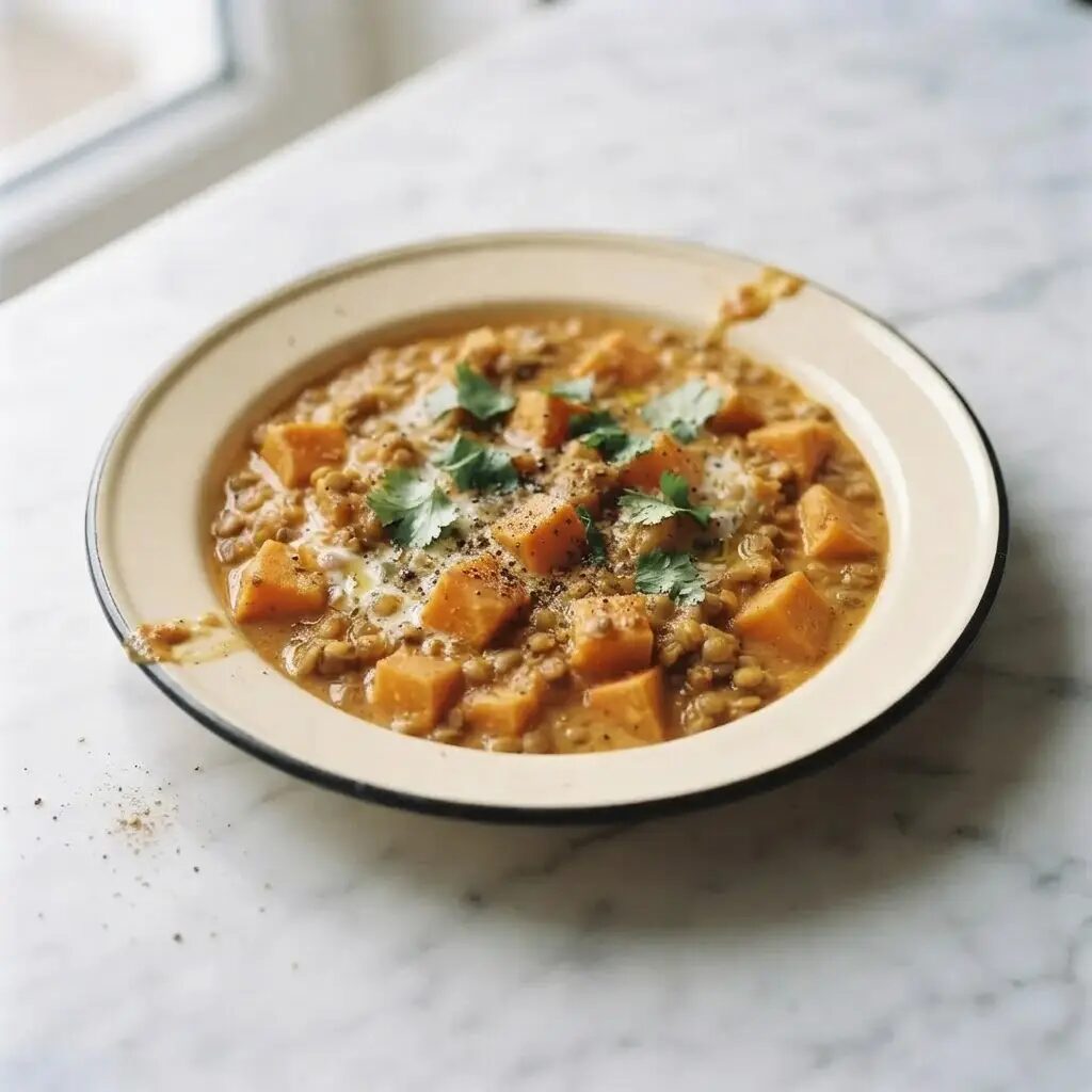 Curry patate douce et lentilles, dressé dans une assiette