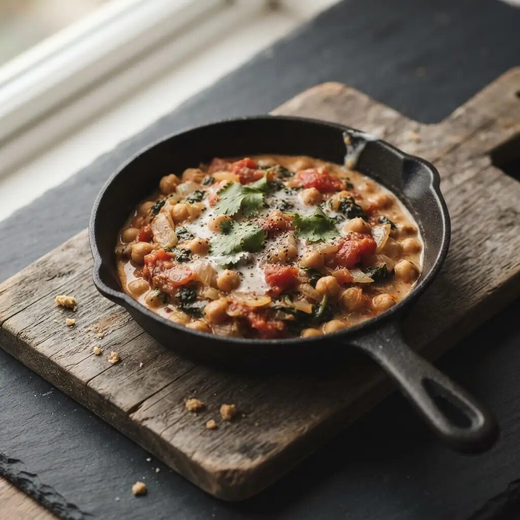 Curry de pois chiches épinards, dressé dans une assiette