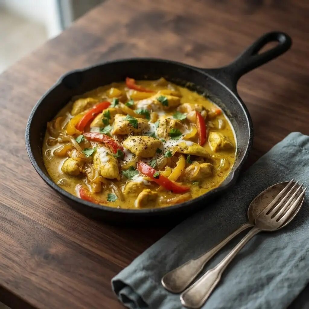 Curry de poulet au coco, dressé dans une assiette