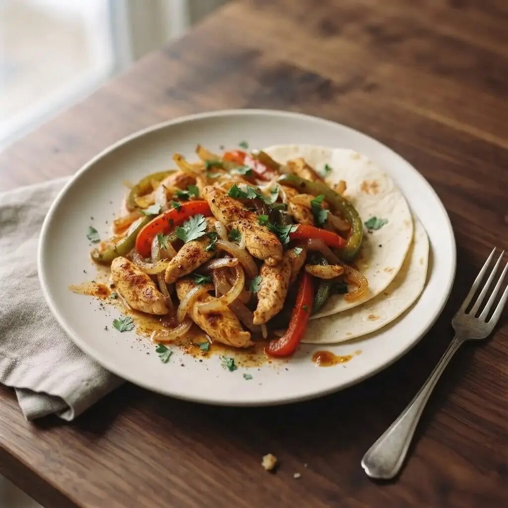 Fajitas de poulet, dressé dans une assiette