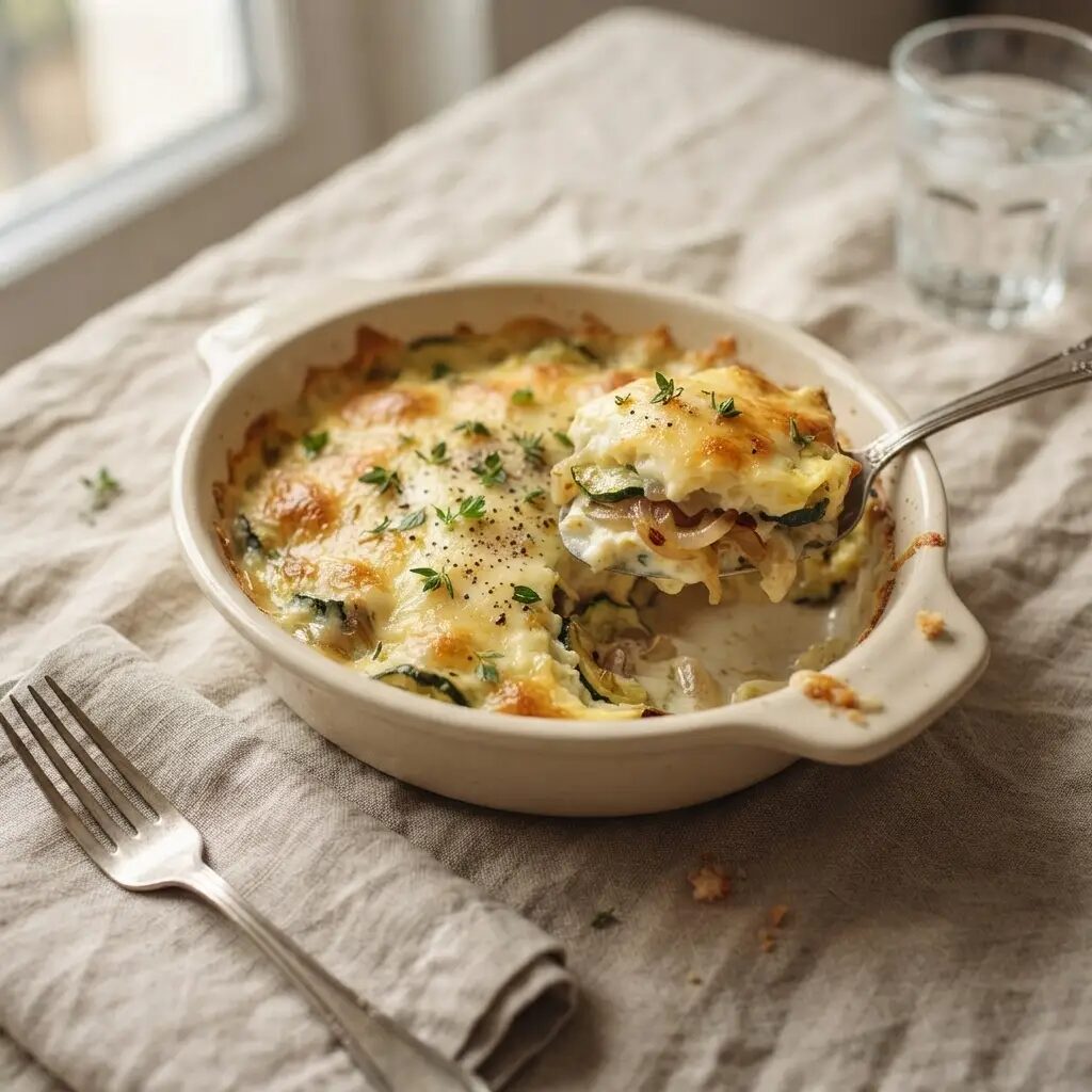 Gratin de courgettes aux œufs, dressé dans une assiette