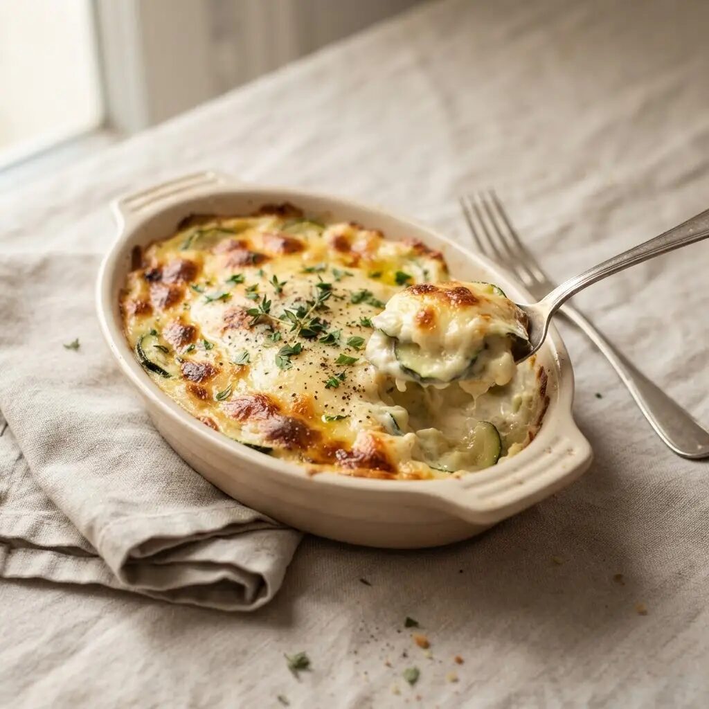Gratin de courgettes, dressé dans une assiette