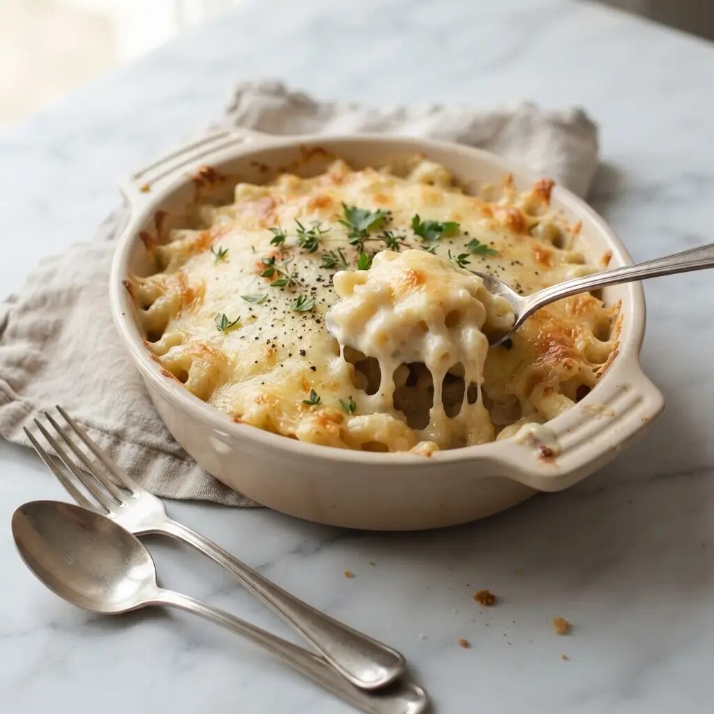 Gratin de macaroni au comté, dressé dans une assiette