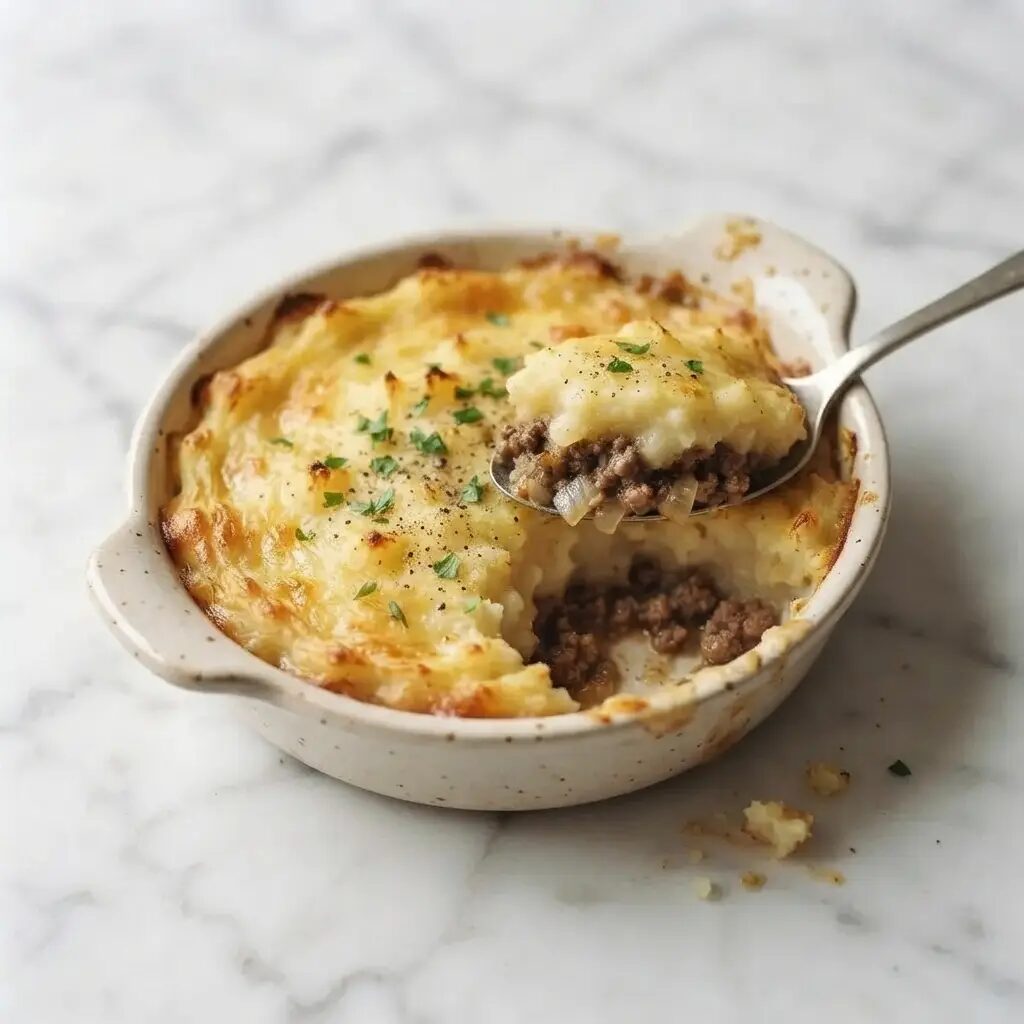 Hachis parmentier, dressé dans une assiette
