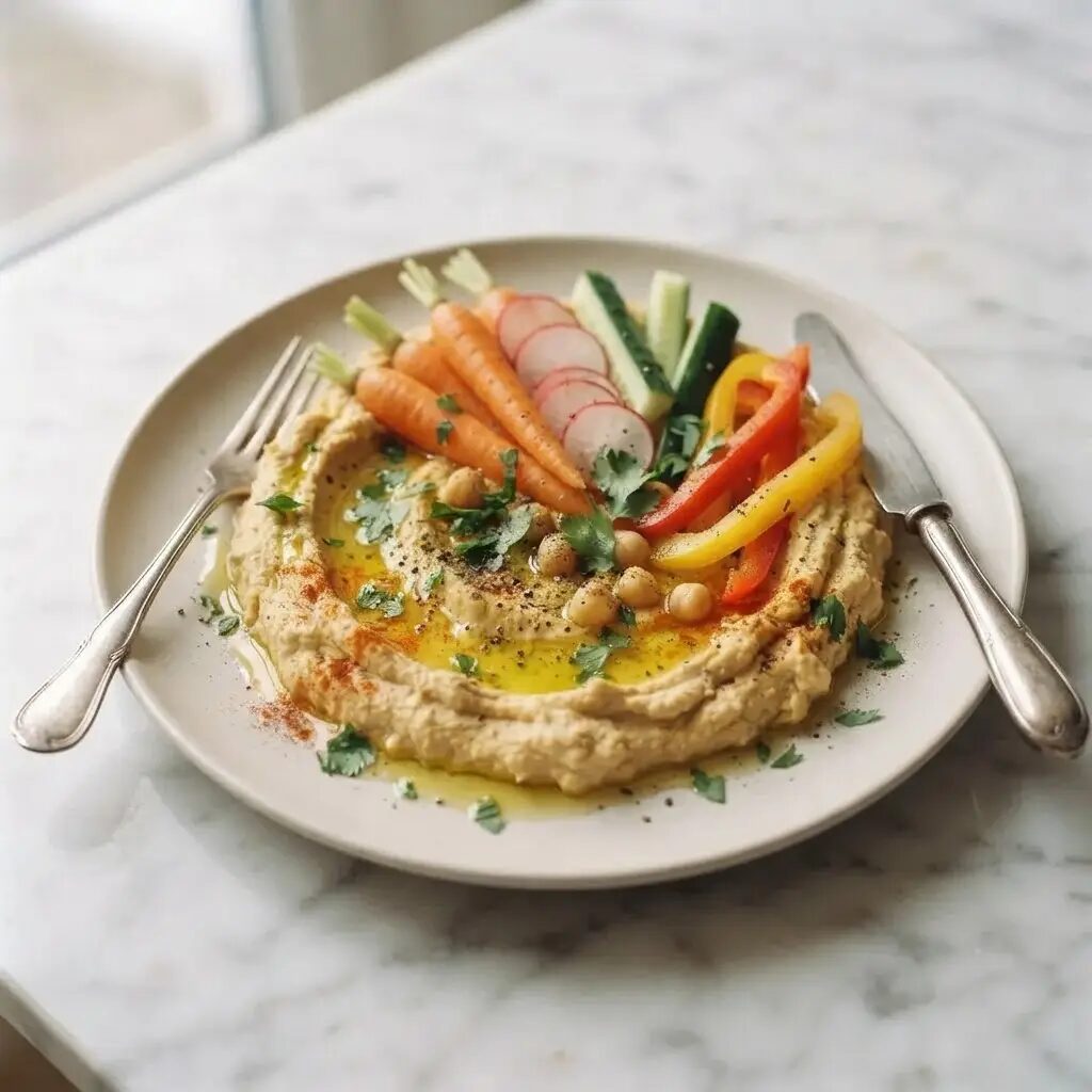 Houmous et légumes croquants, dressé dans une assiette