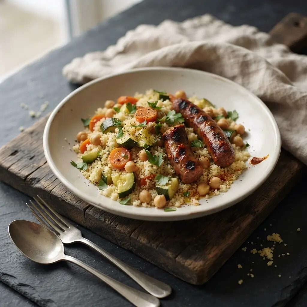 Merguez et semoule, dressé dans une assiette