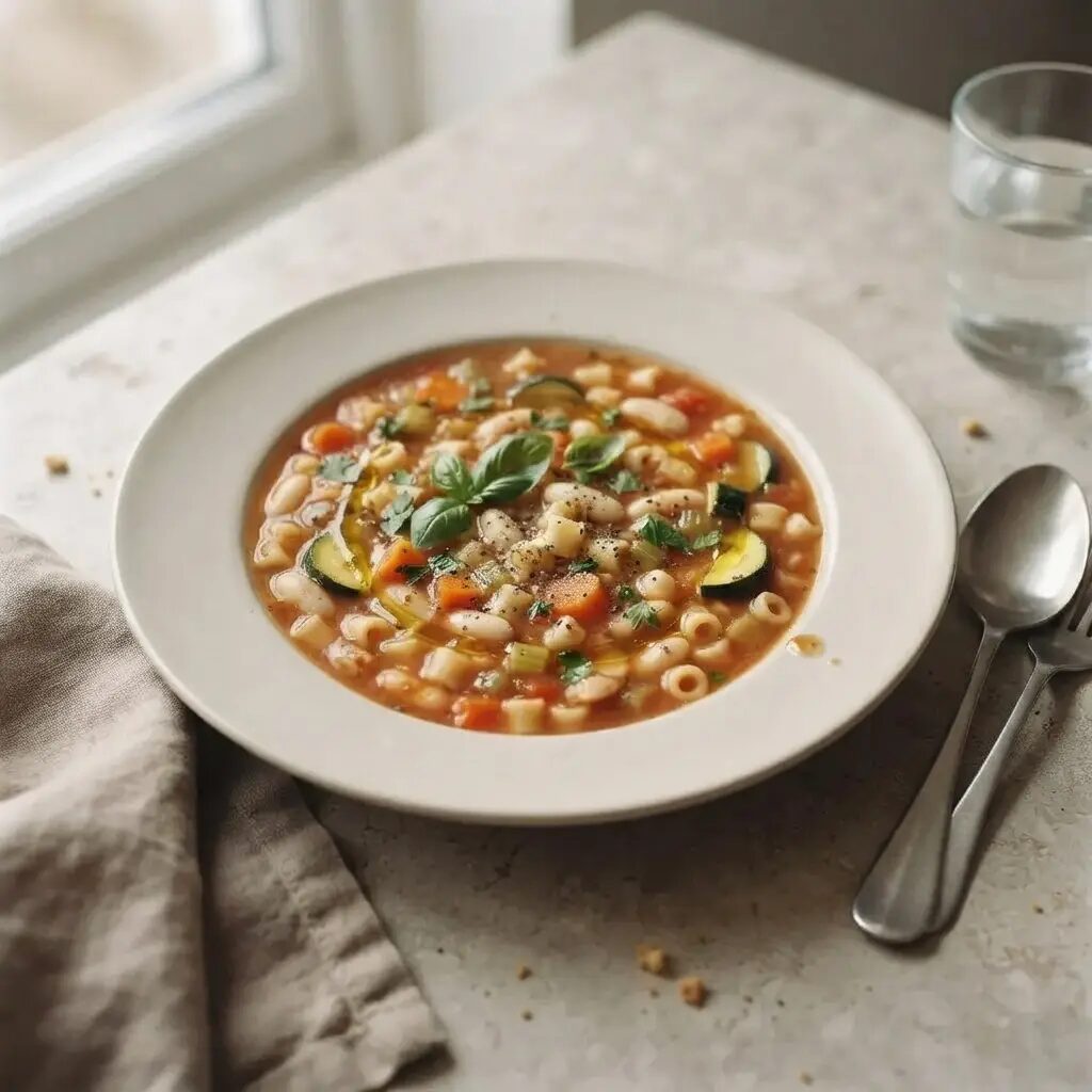 Minestrone, dressé dans une assiette