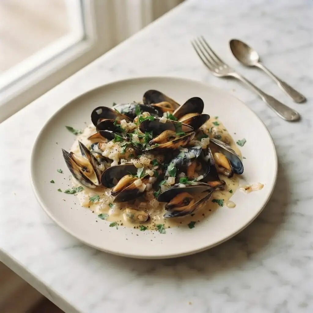 Moules à la crème, dressé dans une assiette