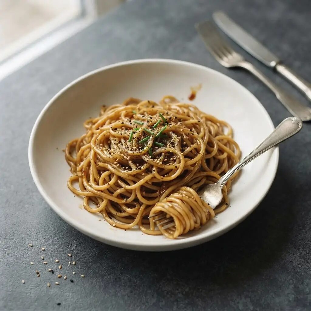 Nouilles sauce sésame, dressé dans une assiette