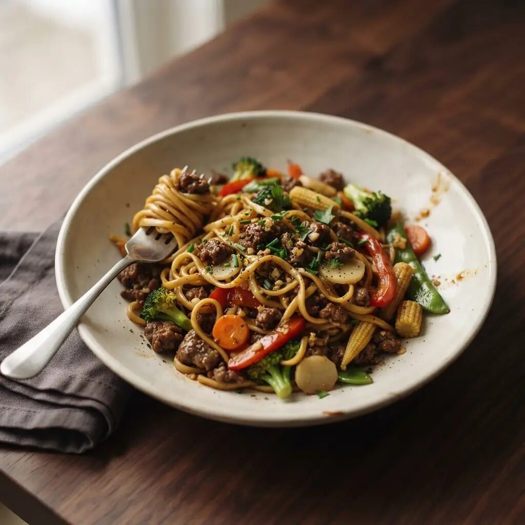 Nouilles sautées au bœuf, dressé dans une assiette