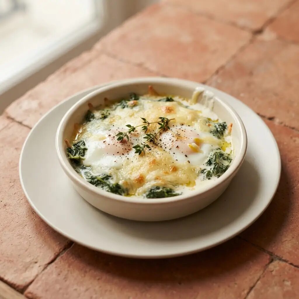 Œufs cocotte aux épinards, dressé dans une assiette