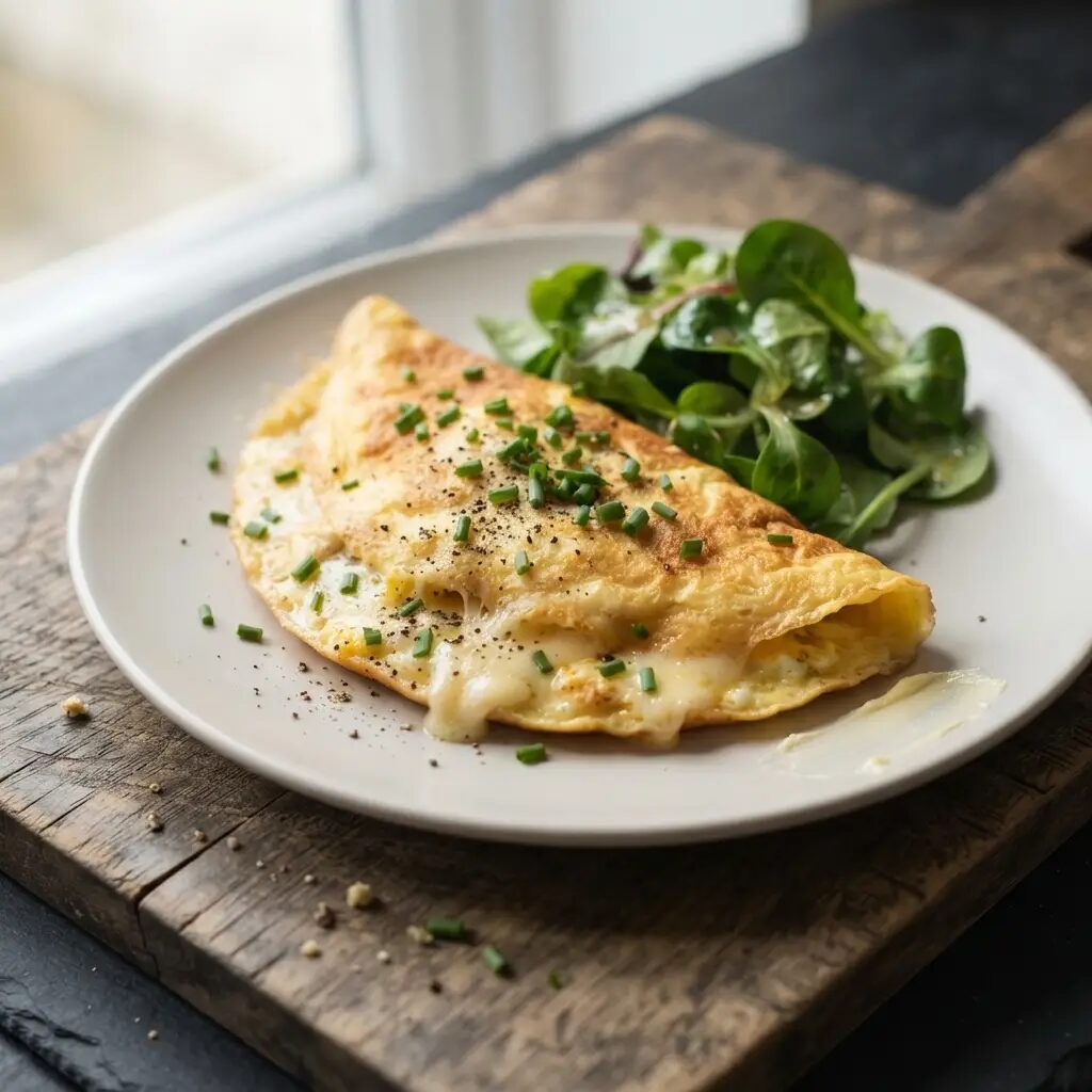 Omelette au fromage, dressé dans une assiette