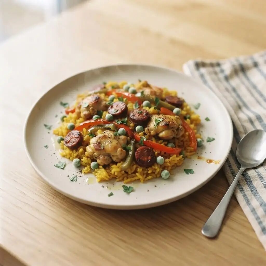 Paella express, dressé dans une assiette