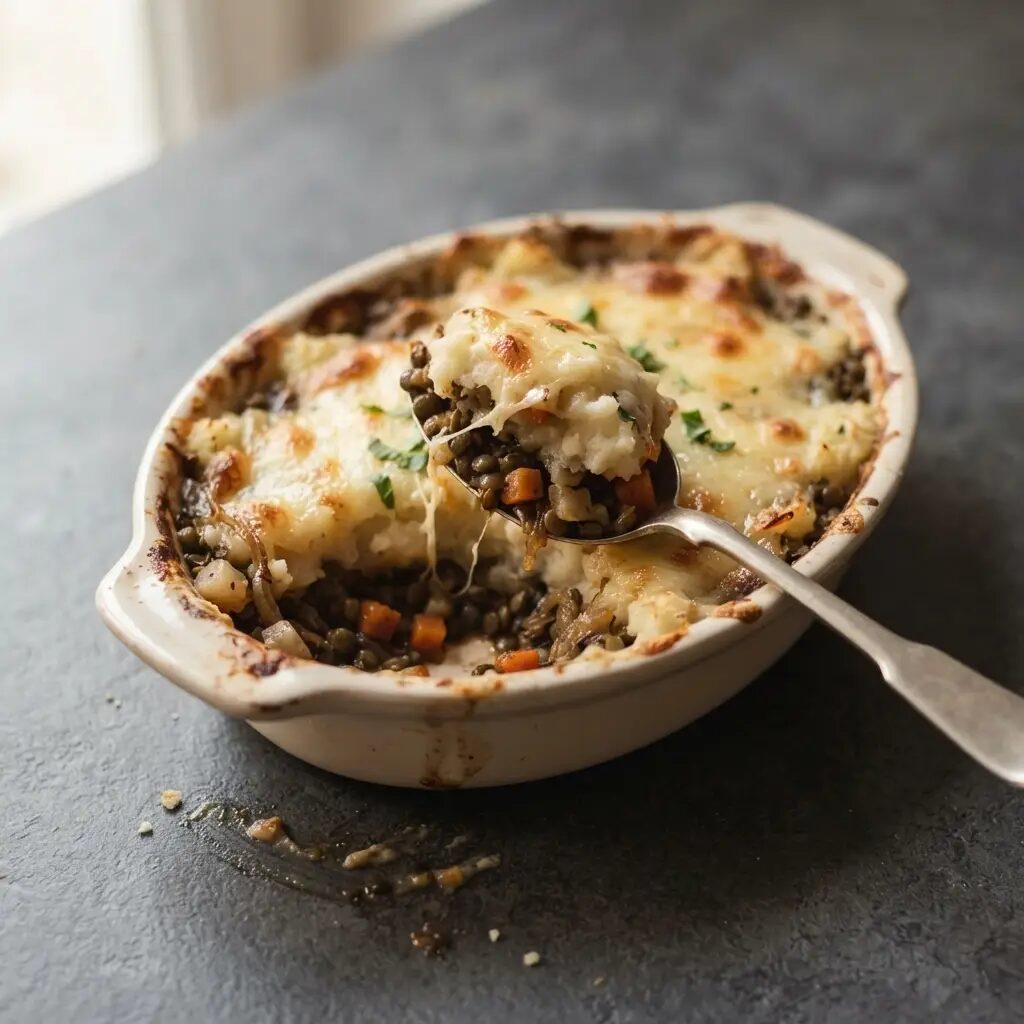 Parmentier de légumes racines, dressé dans une assiette