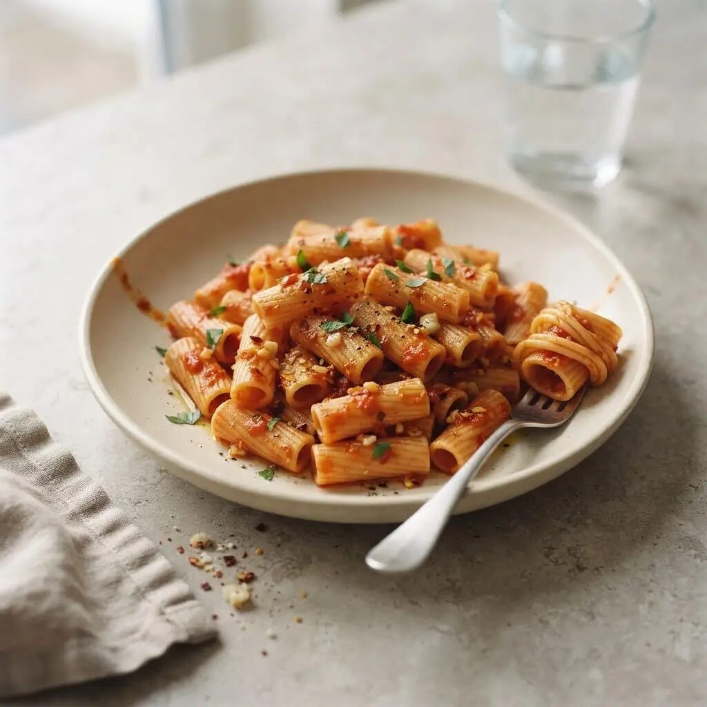 Pâtes arrabiata, dressé dans une assiette
