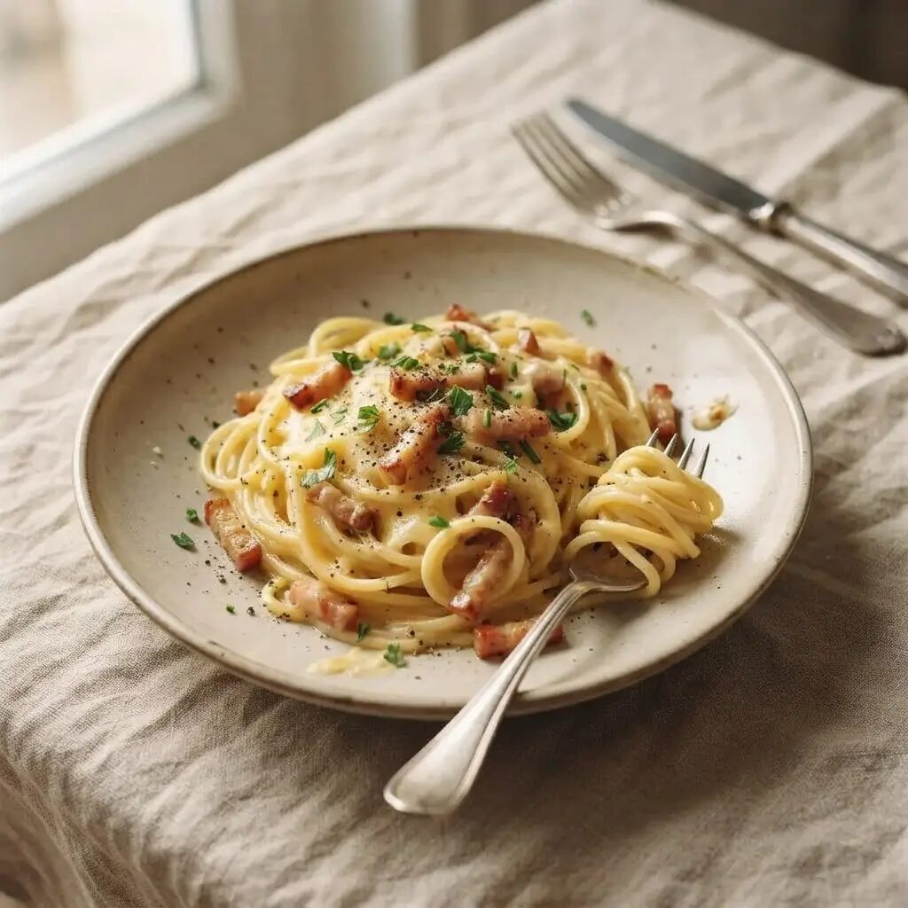 Pâtes aux lardons, dressé dans une assiette
