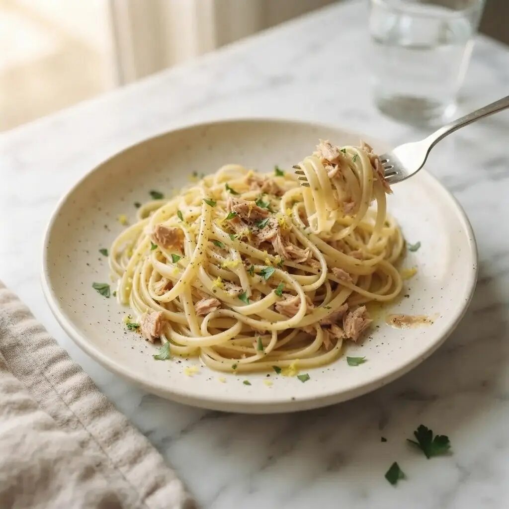 Pâtes au thon et citron, dressé dans une assiette