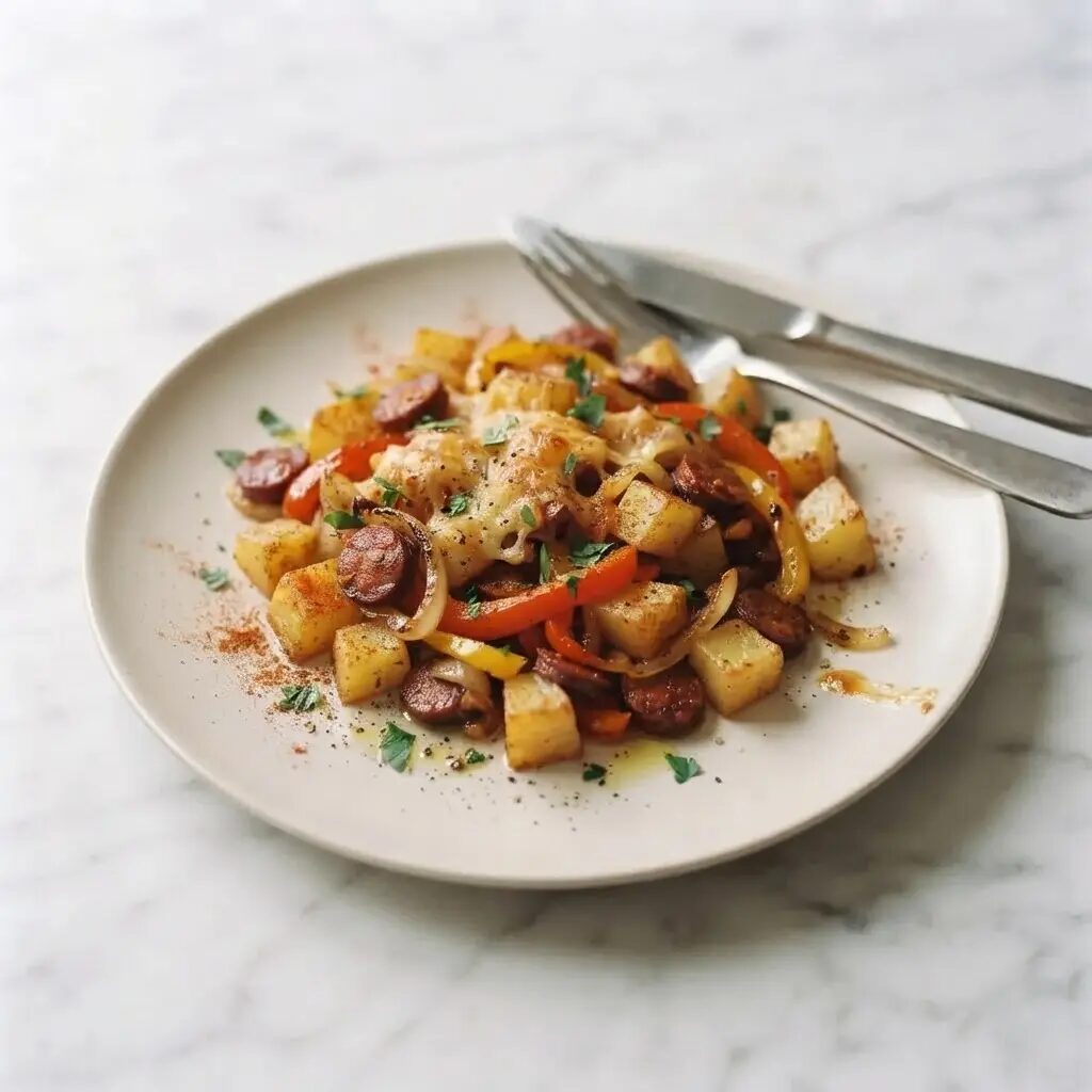Poêlée pommes de terre chorizo, dressé dans une assiette