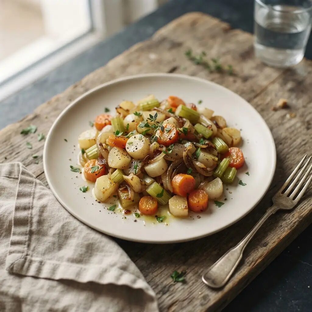 Poêlée de légumes d’hiver, dressé dans une assiette