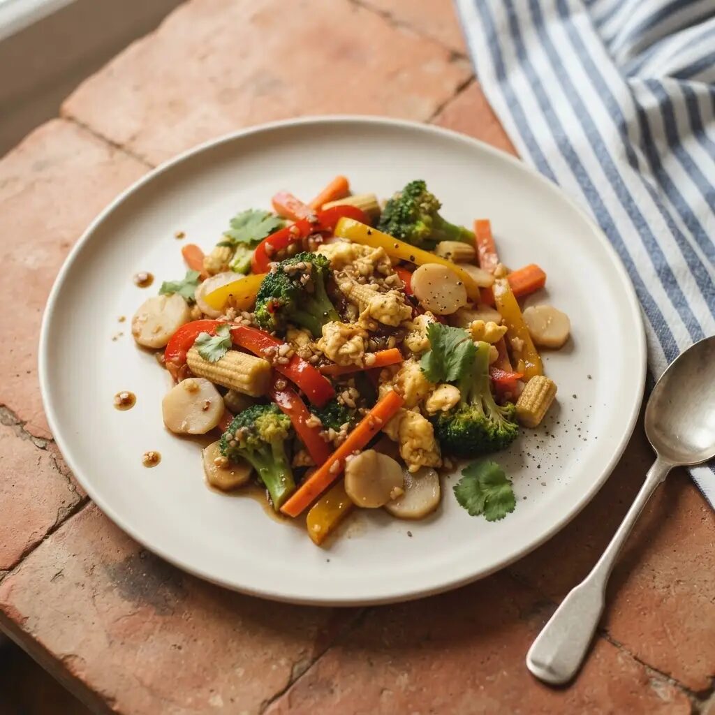 Poêlée de légumes wok et œufs, dressé dans une assiette
