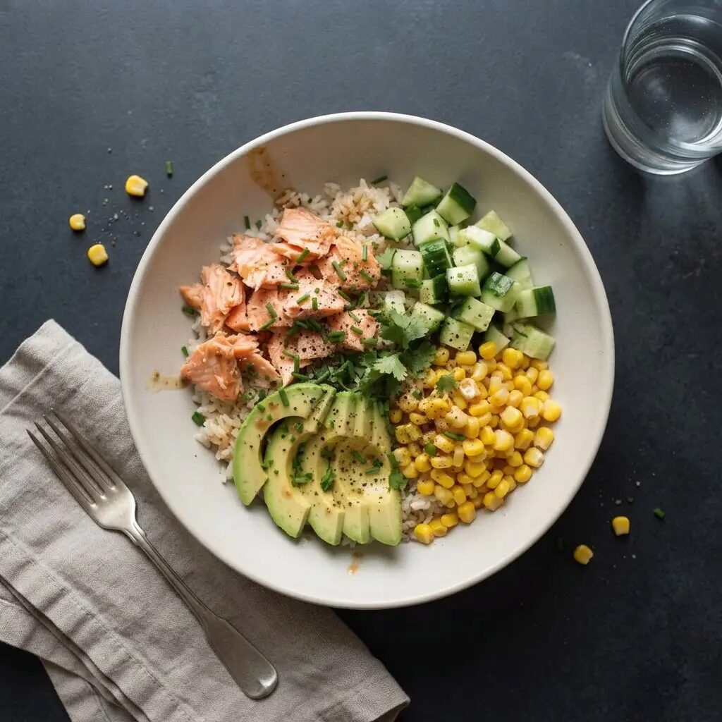 Poke bowl saumon avocat, dressé dans une assiette