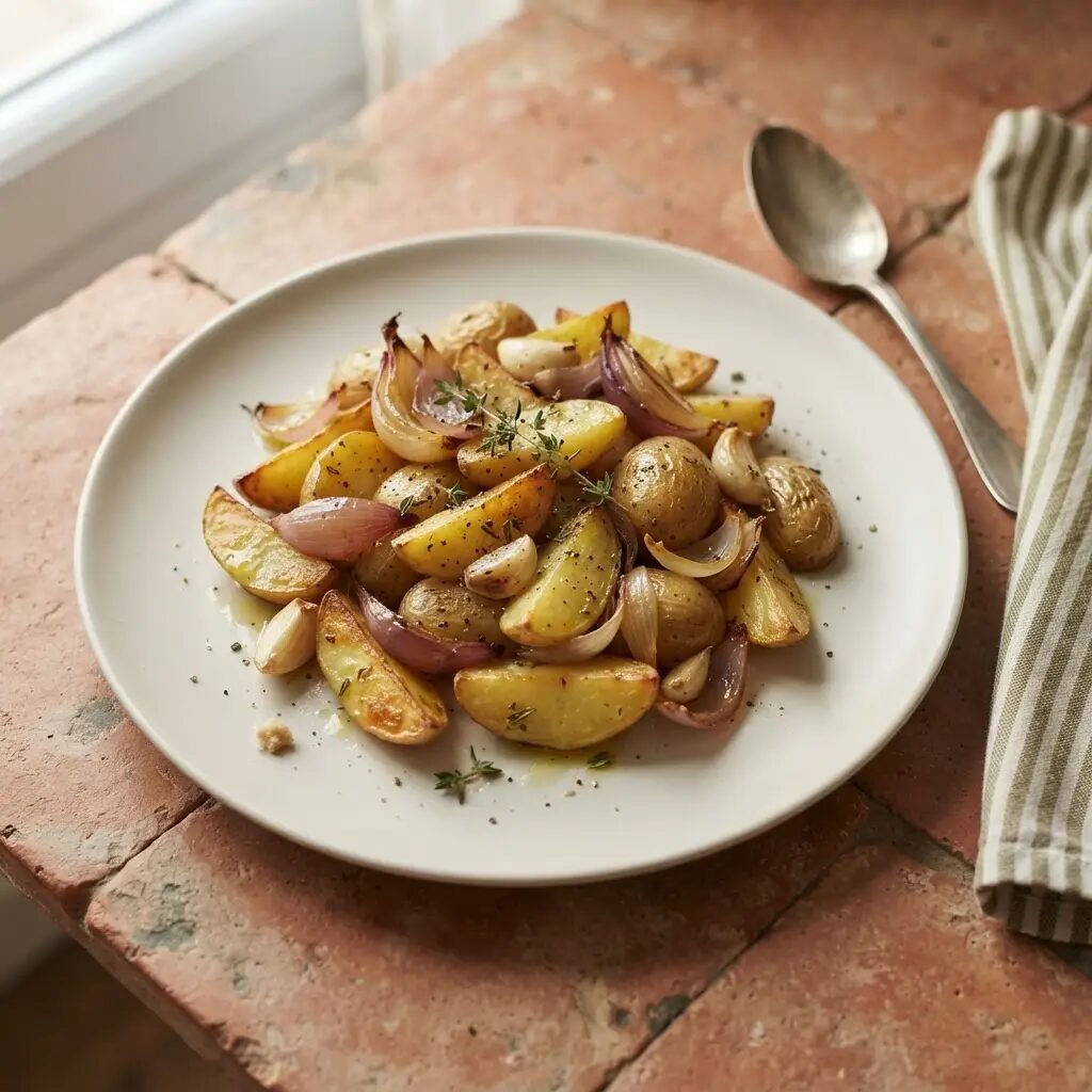 Pommes de terre rôties aux herbes, dressé dans une assiette