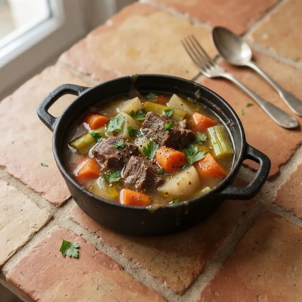 Pot-au-feu, dressé dans une assiette