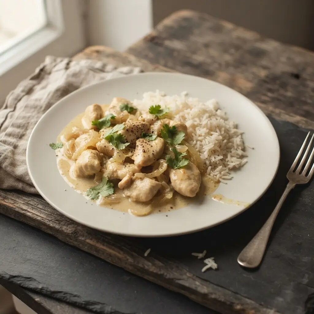 Poulet coco, dressé dans une assiette