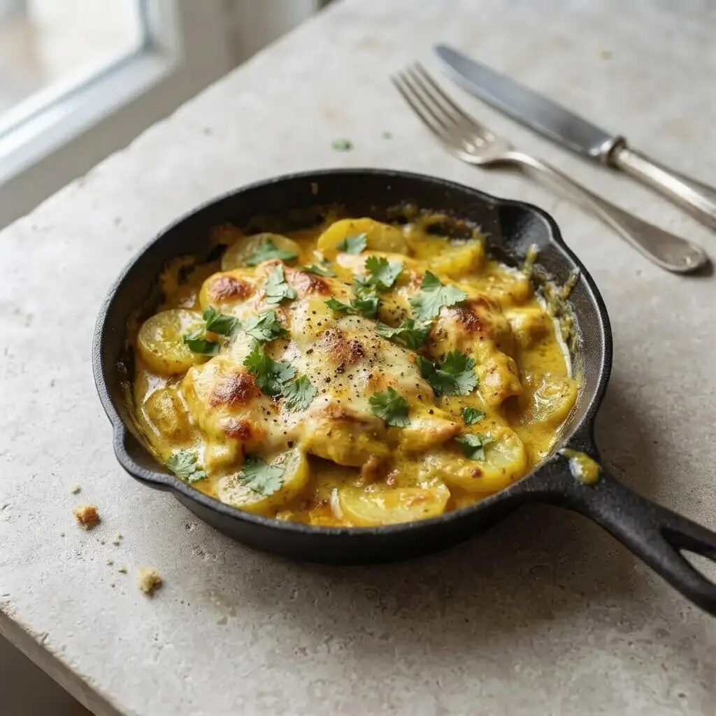 Poulet au curry et pommes, dressé dans une assiette