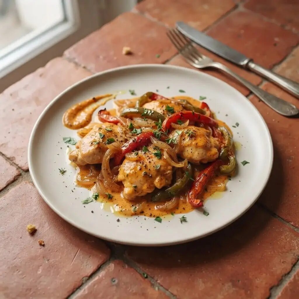 Poulet au paprika, dressé dans une assiette