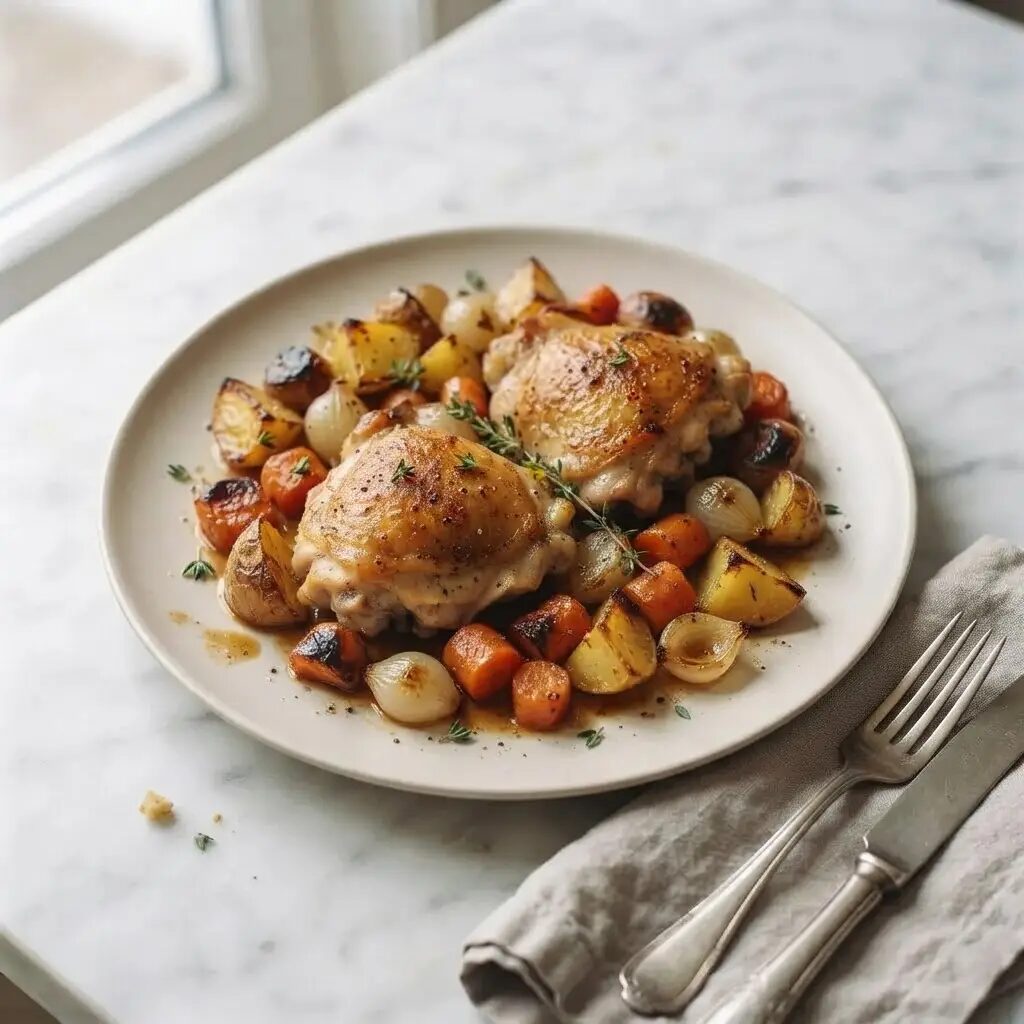 Poulet rôti aux légumes, dressé dans une assiette