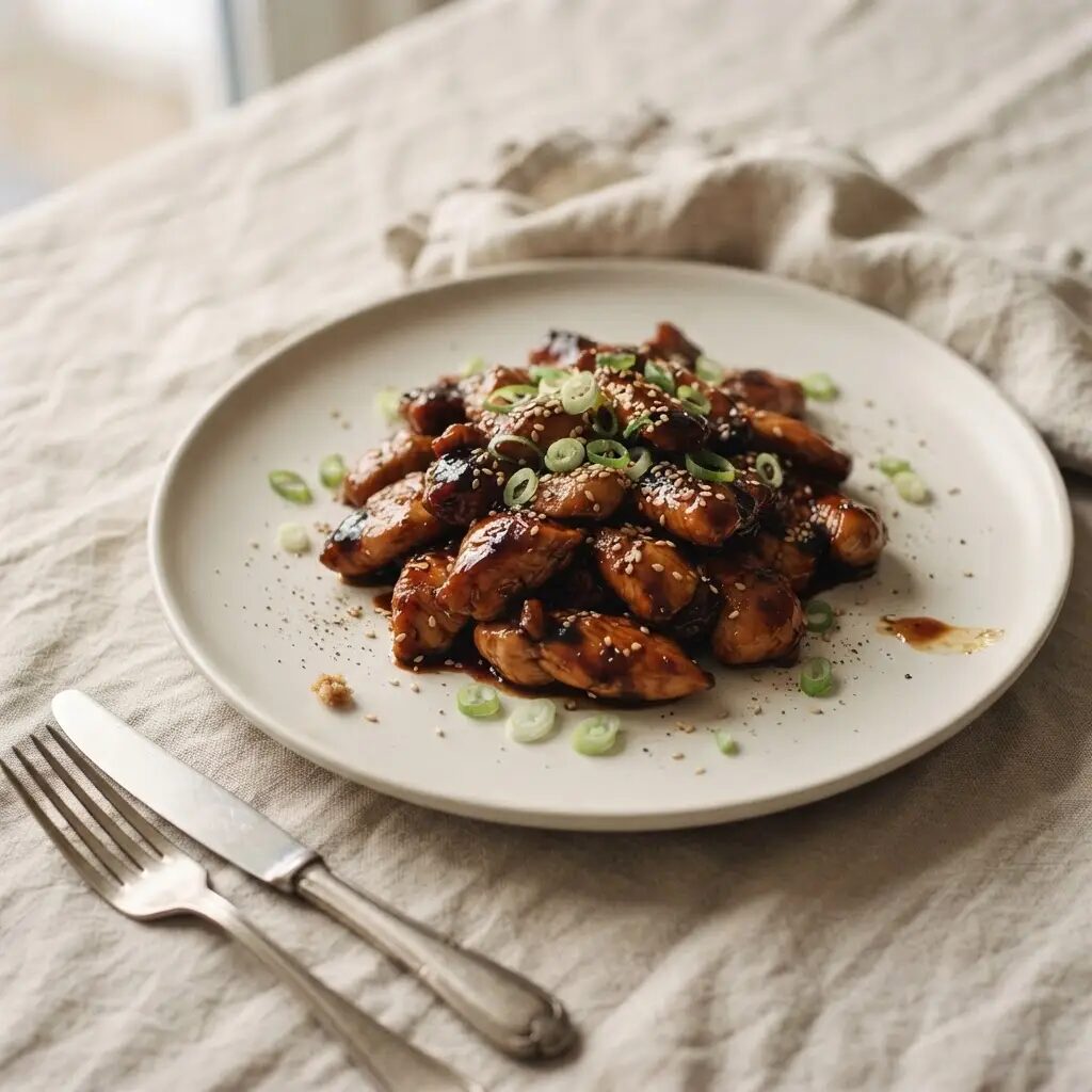 Poulet teriyaki, dressé dans une assiette