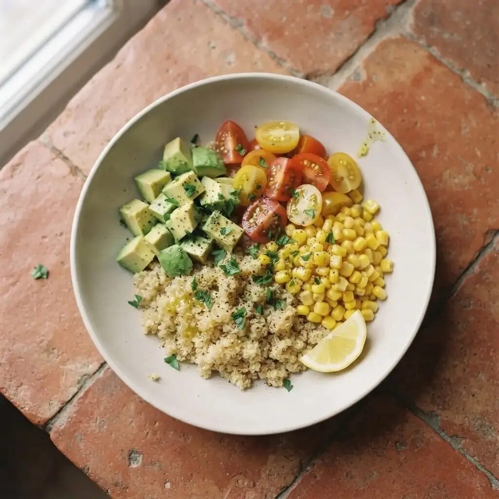 Bowl quinoa avocat, dressé dans une assiette