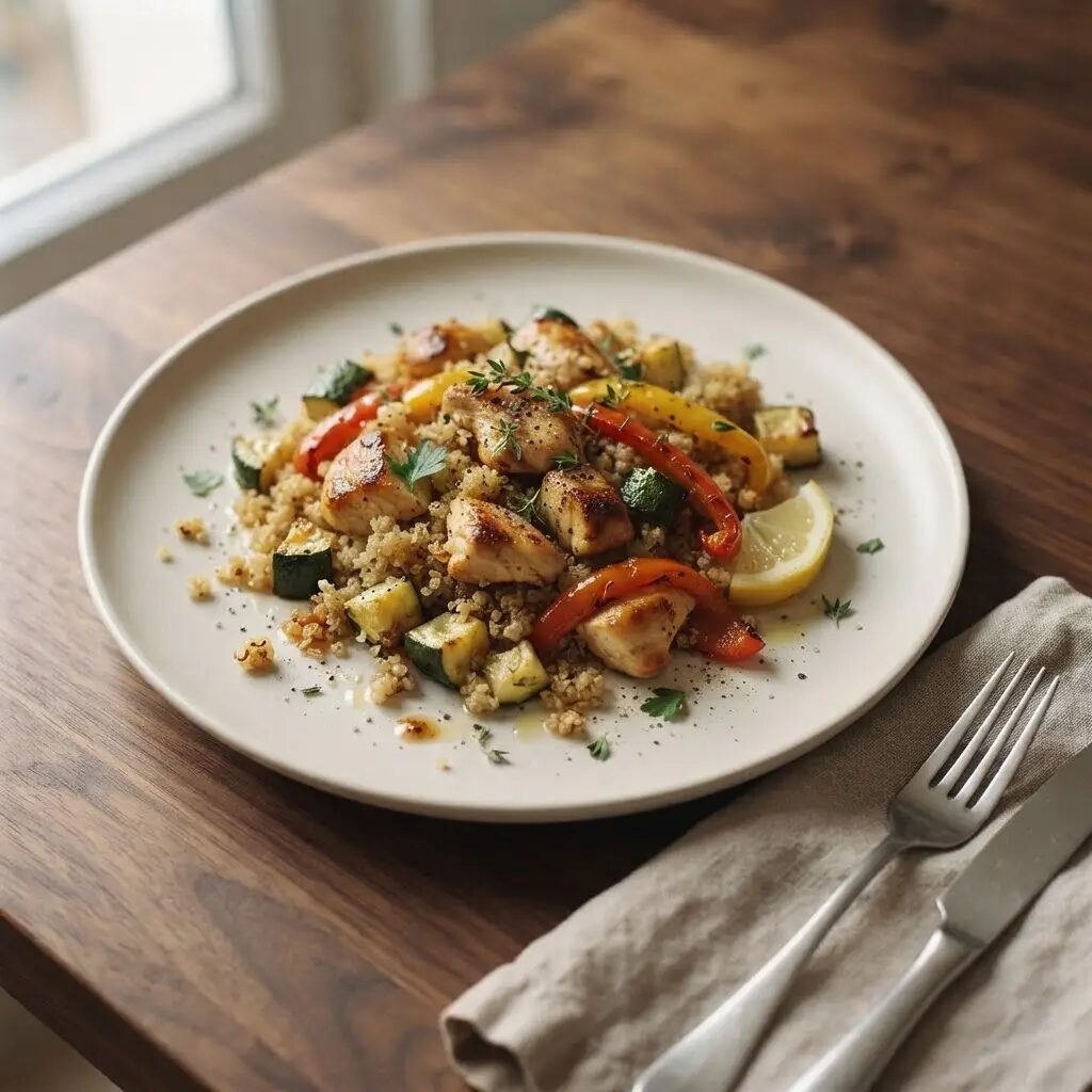 Quinoa poulet légumes rôtis, dressé dans une assiette