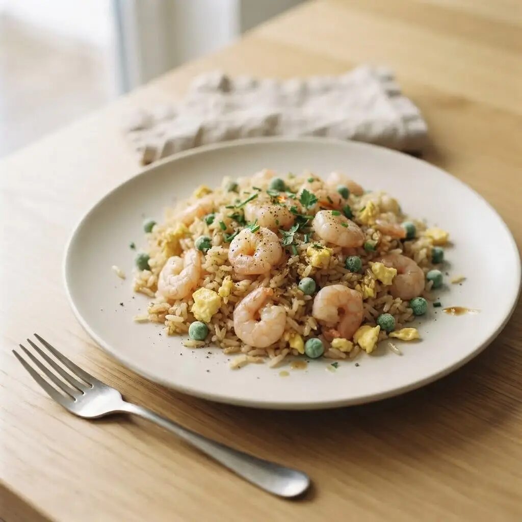 Riz sauté aux crevettes, dressé dans une assiette