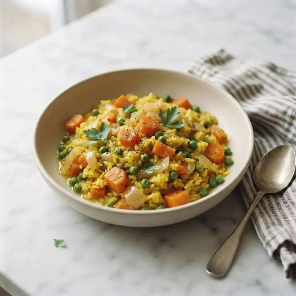 Riz aux légumes et curcuma, dressé dans une assiette