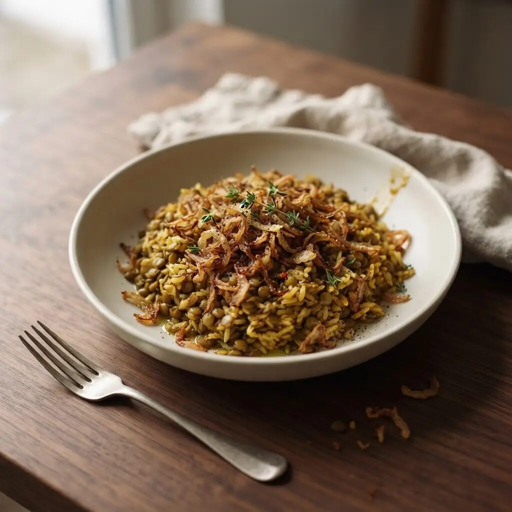 Riz aux lentilles et oignons frits, dressé dans une assiette